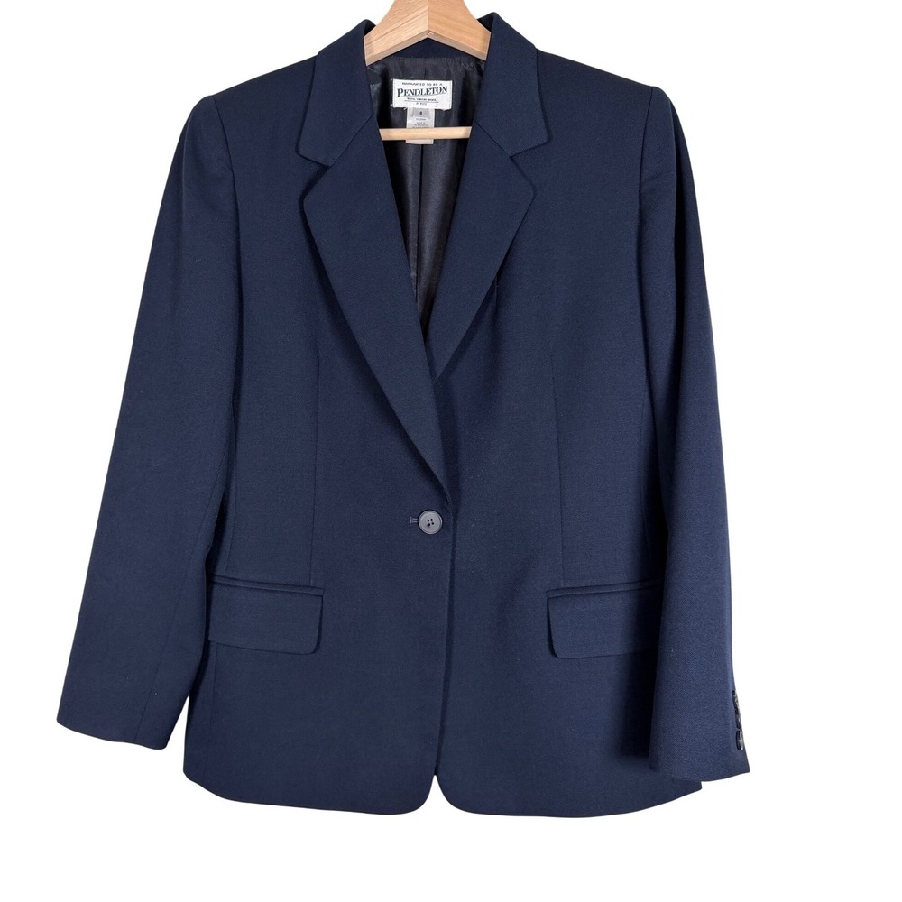 Pendleton Petite‎ Navy Blue 100% Virgin Wool Blazer Jacket Size 8 Career Officr